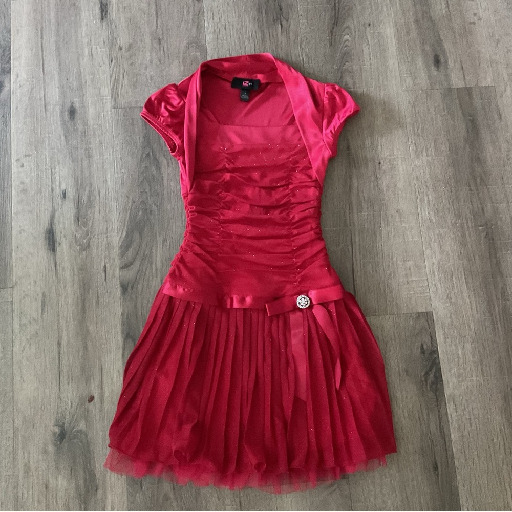 BCX Red Fit and Flare Mini Dress with Puff Cap Sleeves